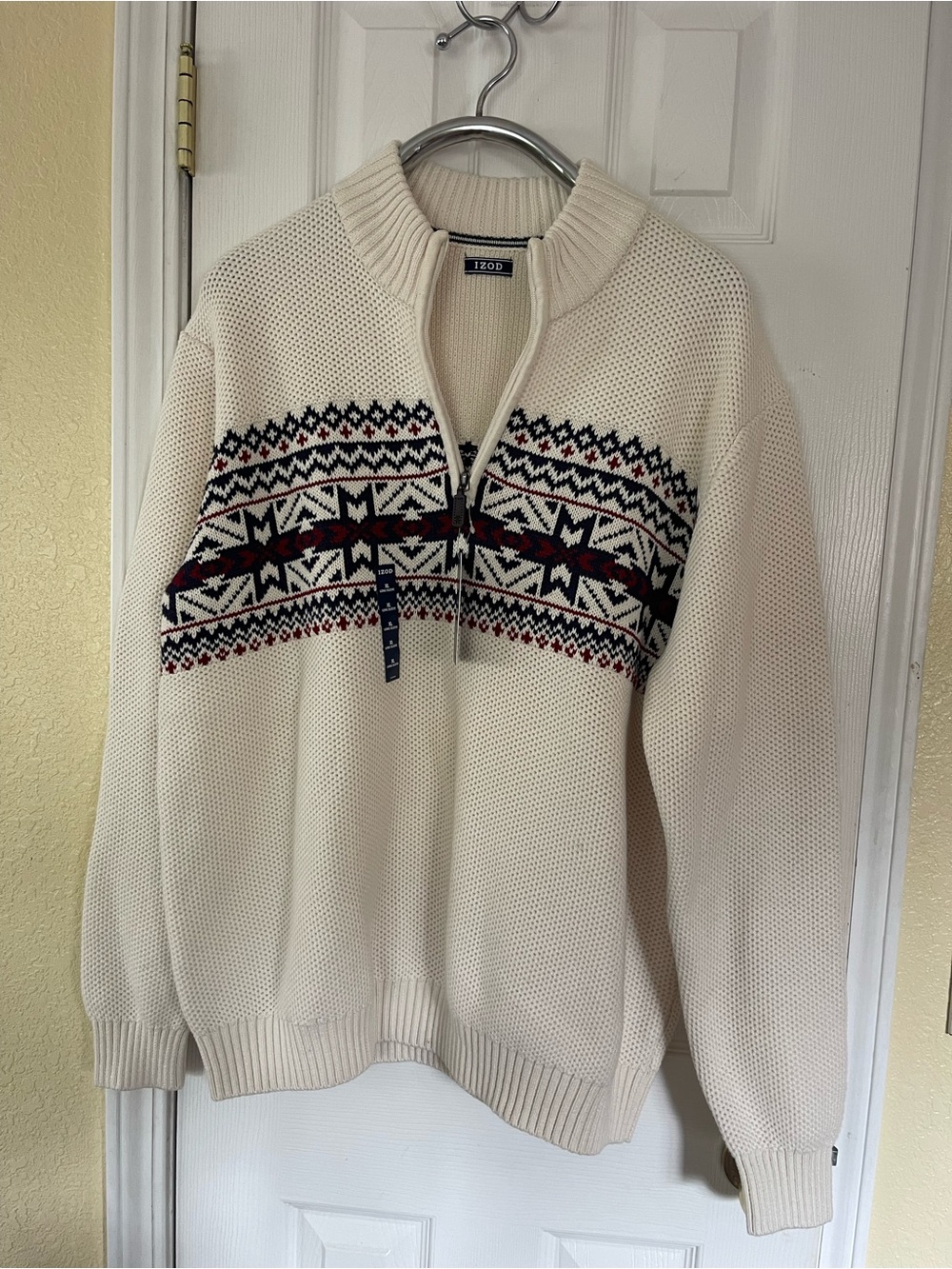 Izod Cream Half-Zip Fair Isle Sweater with Navy & Burgundy Accents